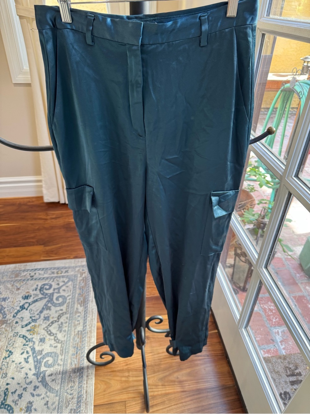 Babaton Women's Teal Cargo Satin Trousers Size 10 Teal